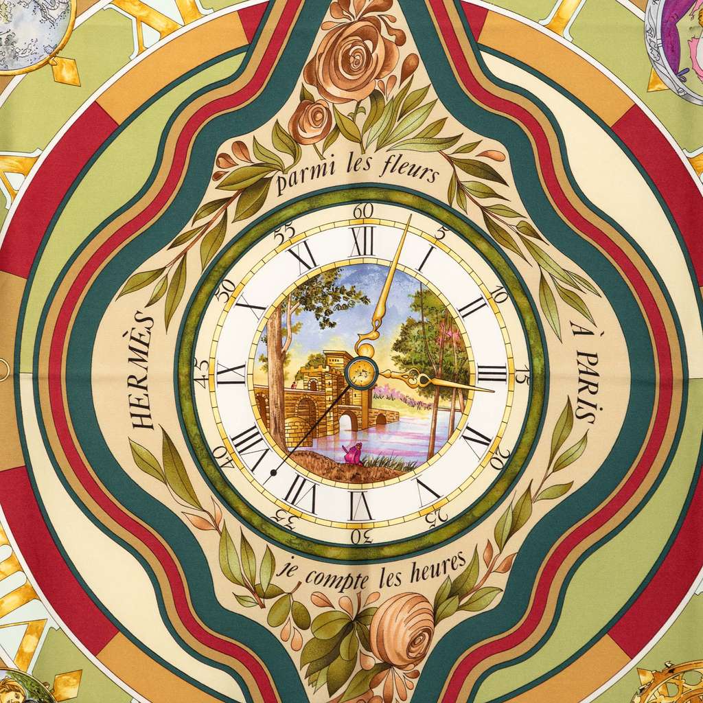 Hermès Parmi Les Fleurs Je Compte Les Heures Silk Scarf 90 Green Silk Good condition - Back View