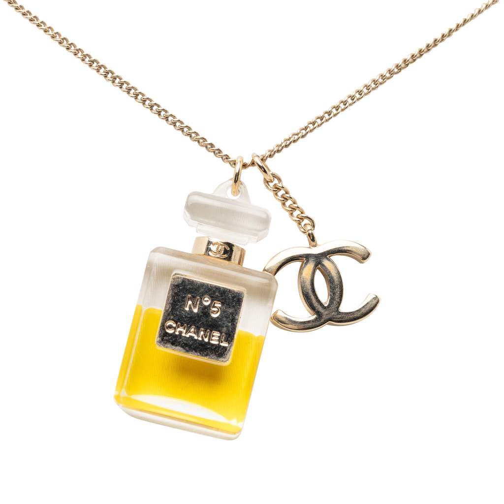 Chanel CC Gold Plated No 5 Perfume Bottle Pendant Necklace Gold Metal Good condition - Back View