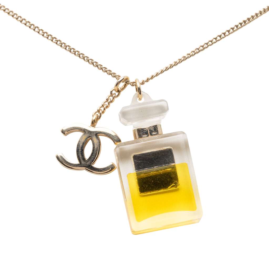 Chanel CC Gold Plated No 5 Perfume Bottle Pendant Necklace Gold Metal Good condition - Inside View