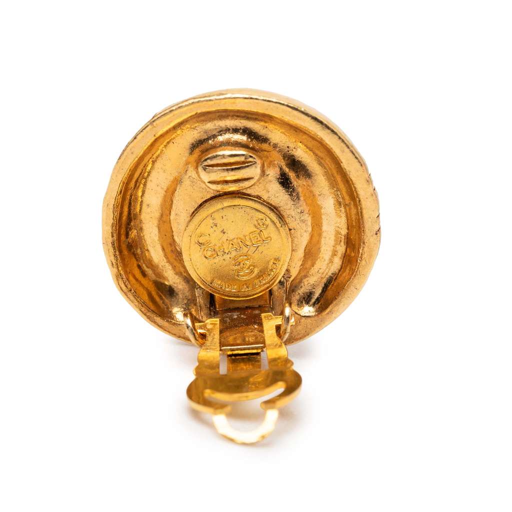 Chanel Gold Plated Crystal Logo Hexagonal Clip On Earrings Gold Metal Good condition - Inside View