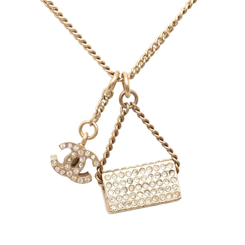 Chanel Gold Plated Rhinestone CC and Flap Bag Pendant Necklace Gold Metal Good condition - Back View