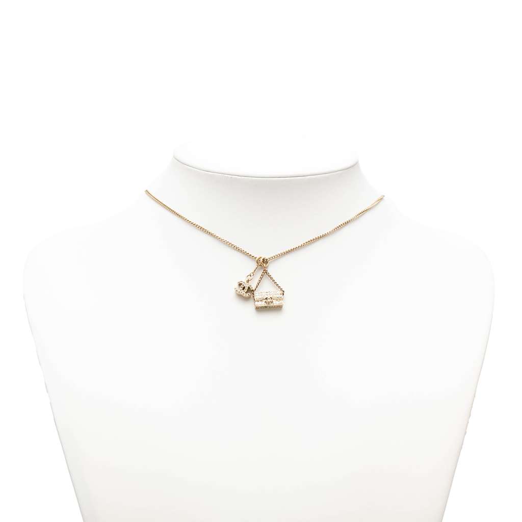 Chanel Gold Plated Rhinestone CC and Flap Bag Pendant Necklace Gold Metal Good condition - Box View