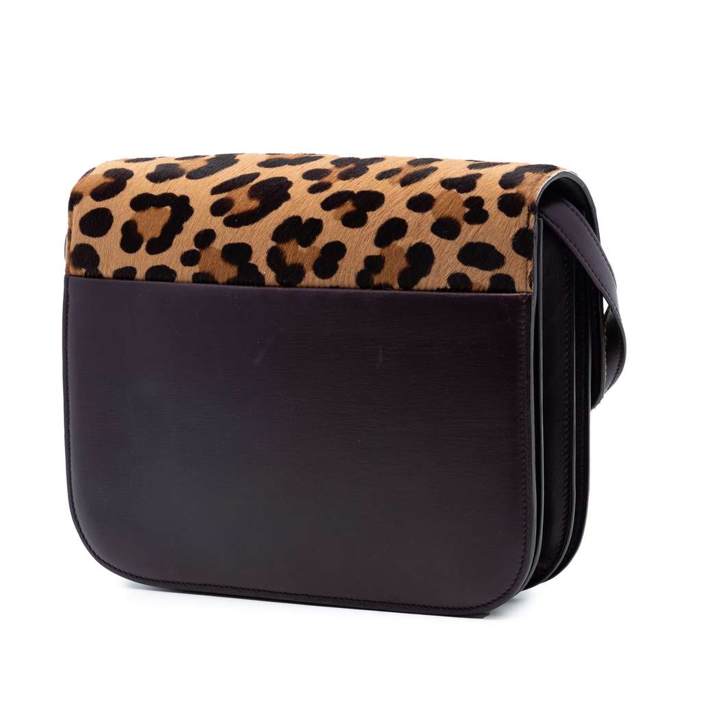 Celine Medium Calfskin and Leopard Print Pony Hair Classic Box Brown Leather Good condition - Back View