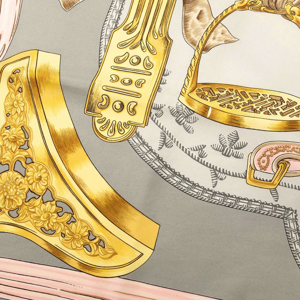 Hermès Etriers Silk Scarf Grey Silk Good condition - Box View