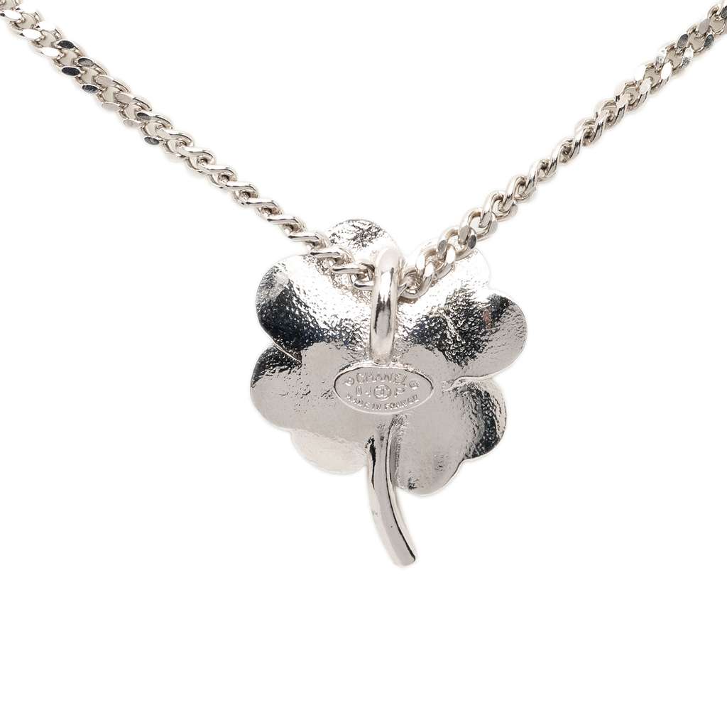 Chanel Silver Plated CC Rhinestone Lacquered Camellia Pendant Necklace Silver Metal Good condition - Back View