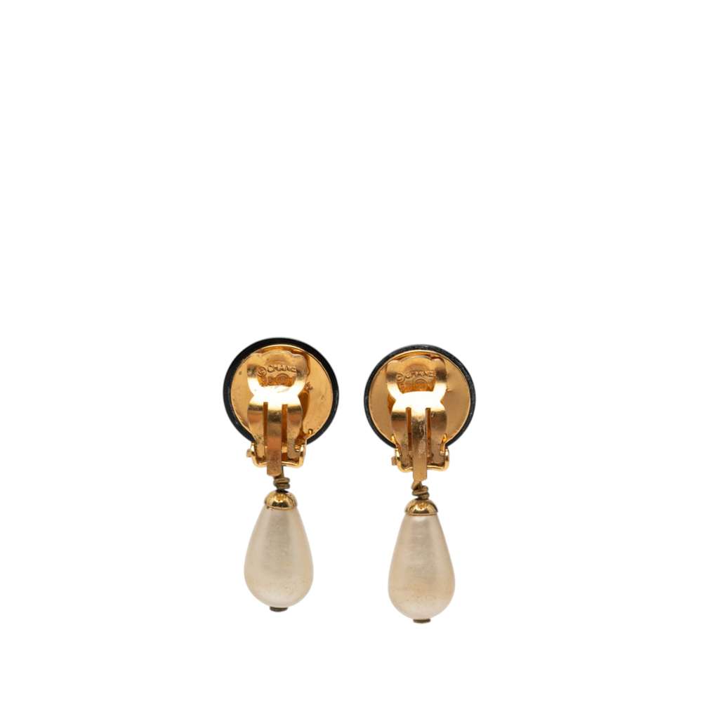 Chanel CC Gold Plated Faux Pearl and Resin Drop Earrings Gold Metal Good condition - Back View