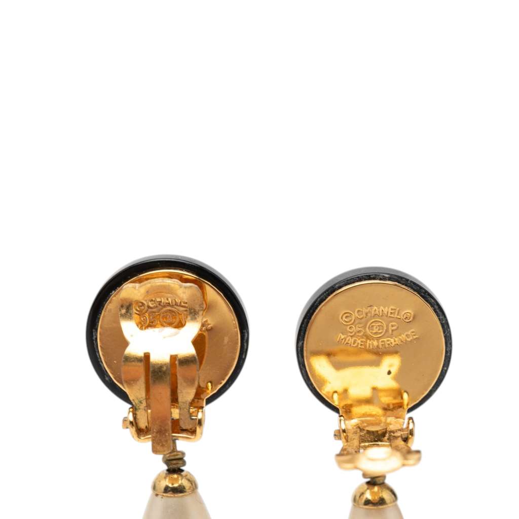 Chanel CC Gold Plated Faux Pearl and Resin Drop Earrings Gold Metal Good condition - Inside View