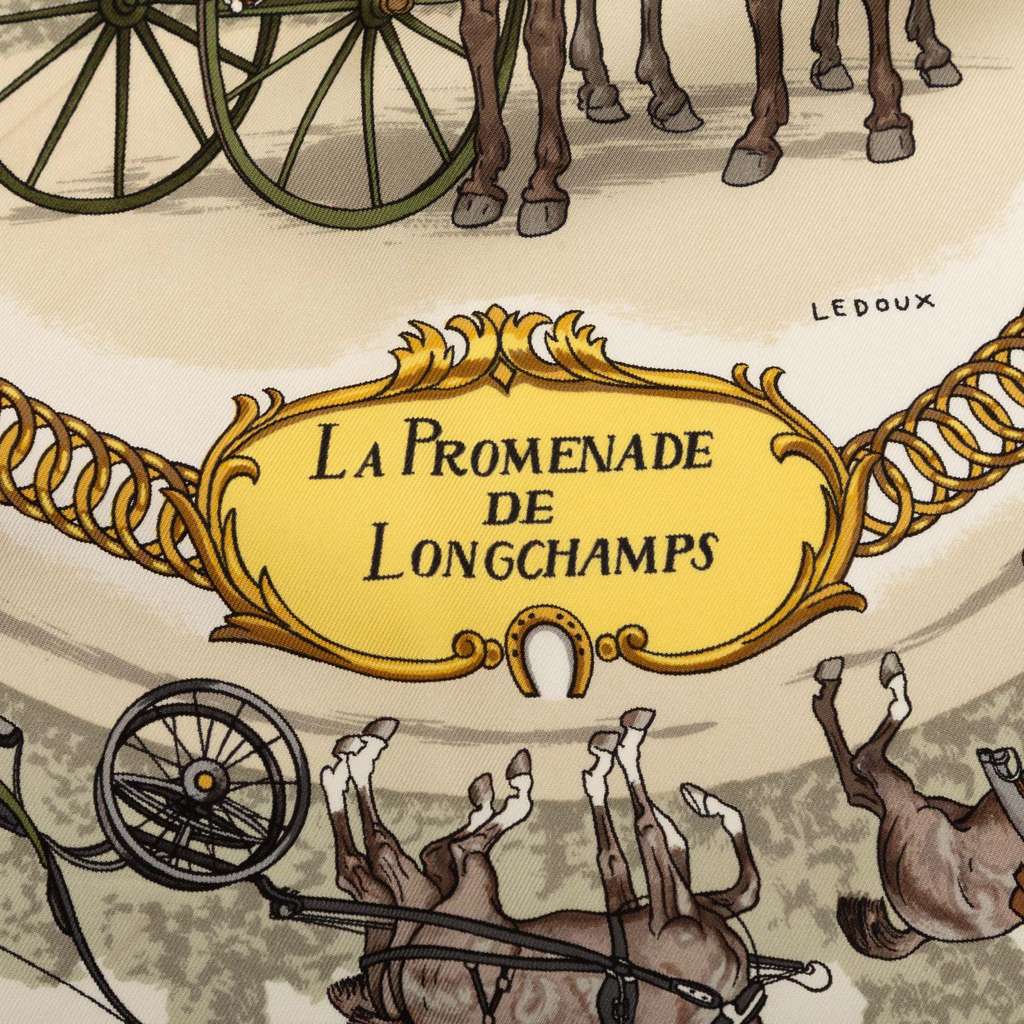 Hermès La Promenade De Longchamps Silk Scarf 90 White Silk Good condition - Box View