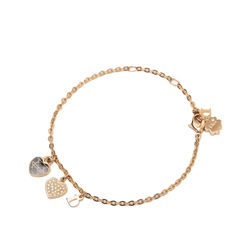 Dior Gold Plated Crystal Heart Charms Bracelet Gold Metal Good condition - Back View