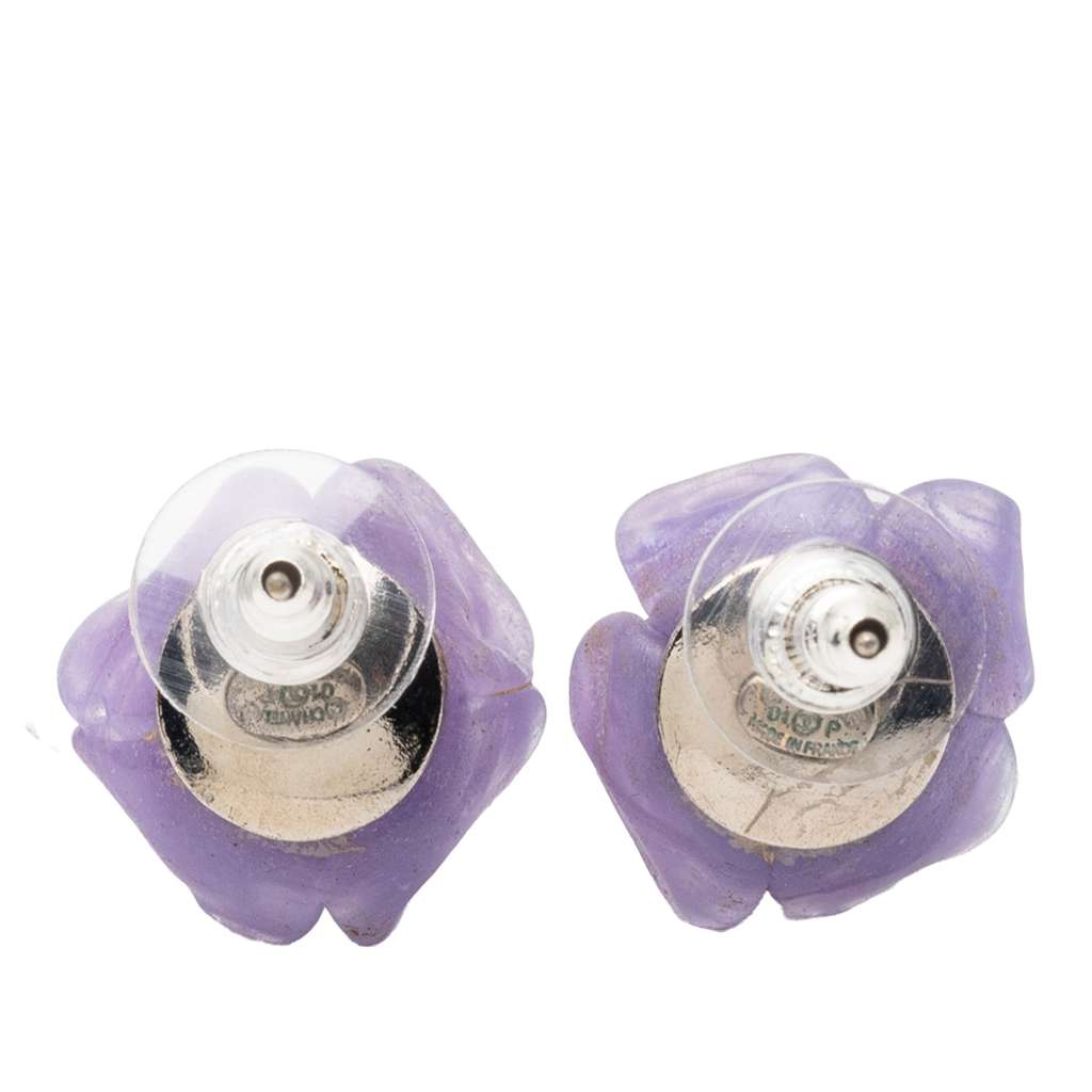 Chanel Resin Camellia Earrings Purple Good condition - Back View