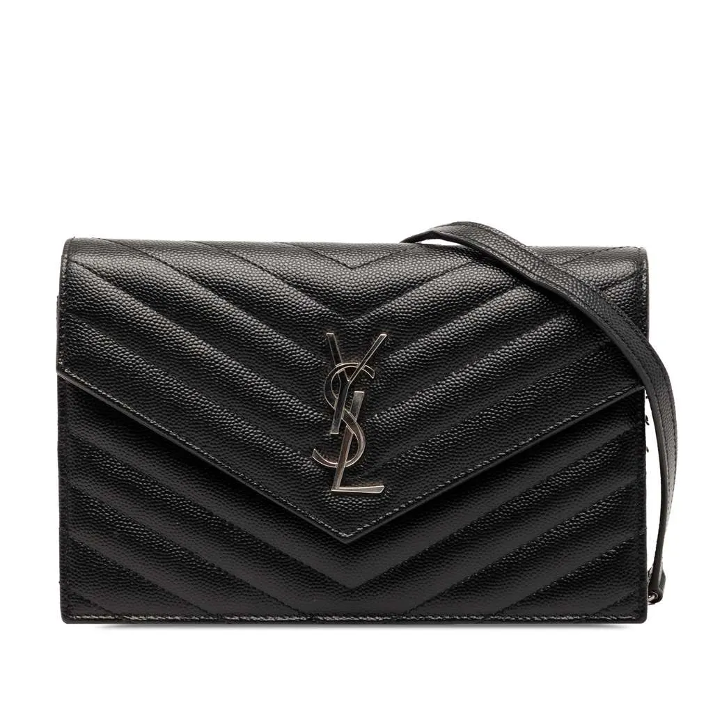 Saint Laurent Grain De Poudre Cassandre Envelope Chain Wallet Black Leather Very good - Front View