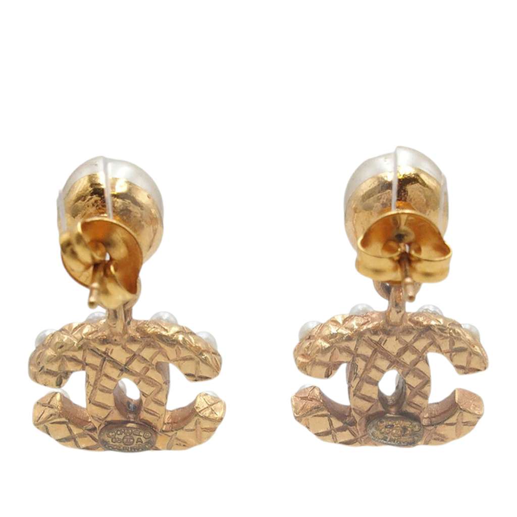 Chanel CC Gold Plated Faux Pearl Drop Push Back Earrings Gold Metal Good condition - Back View