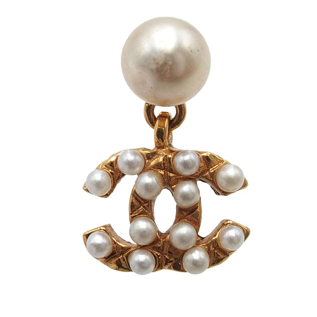 Chanel CC Gold Plated Faux Pearl Drop Push Back Earrings Gold Metal Good condition - Inside View