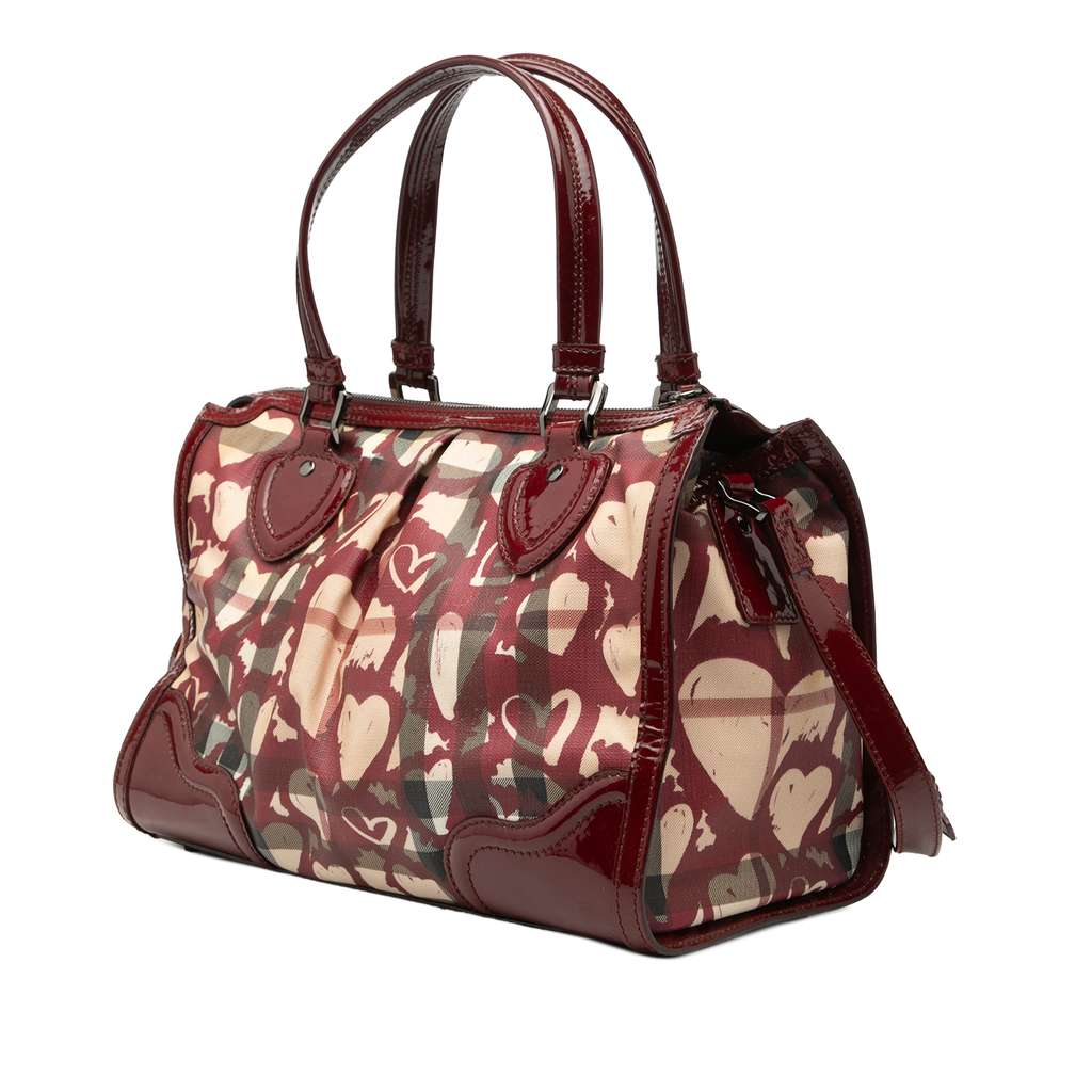 Burberry Patent Trimmed House Check Coated Canvas Hearts Pilgrim Satchel Beige Canvas Good condition - Back View