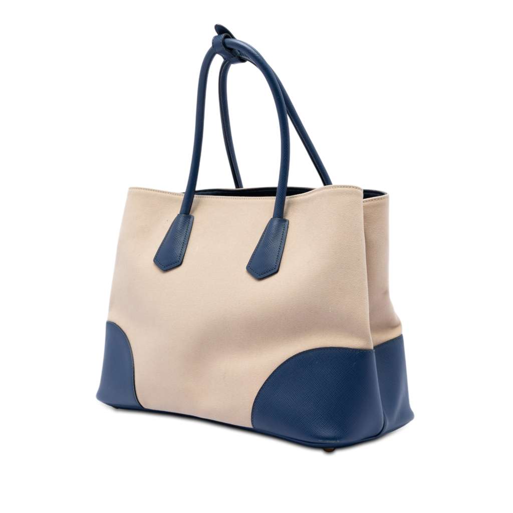 Prada Large Canapa and Saffiano Double Satchel Beige Canvas Good condition - Back View