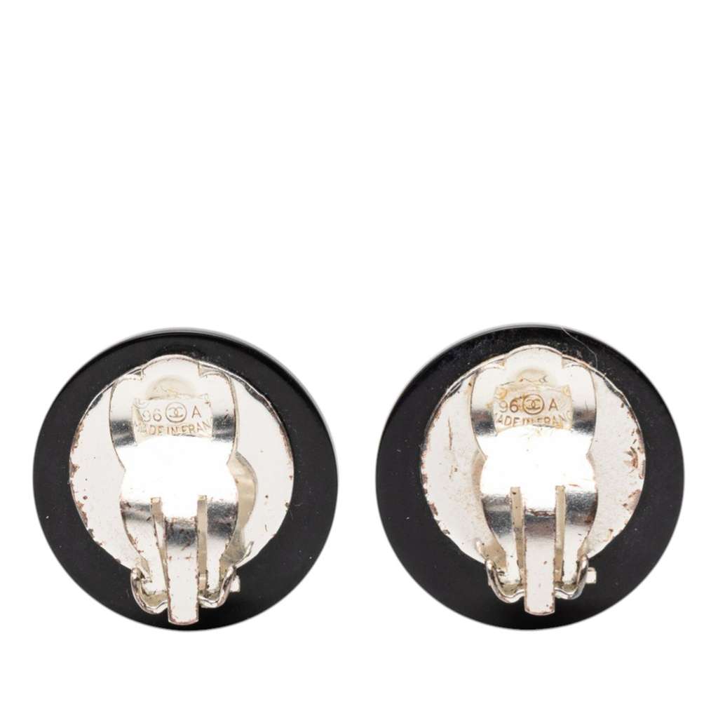 Chanel Resin CC Rhinestones Round Clip On Earrings Black Good condition - Back View