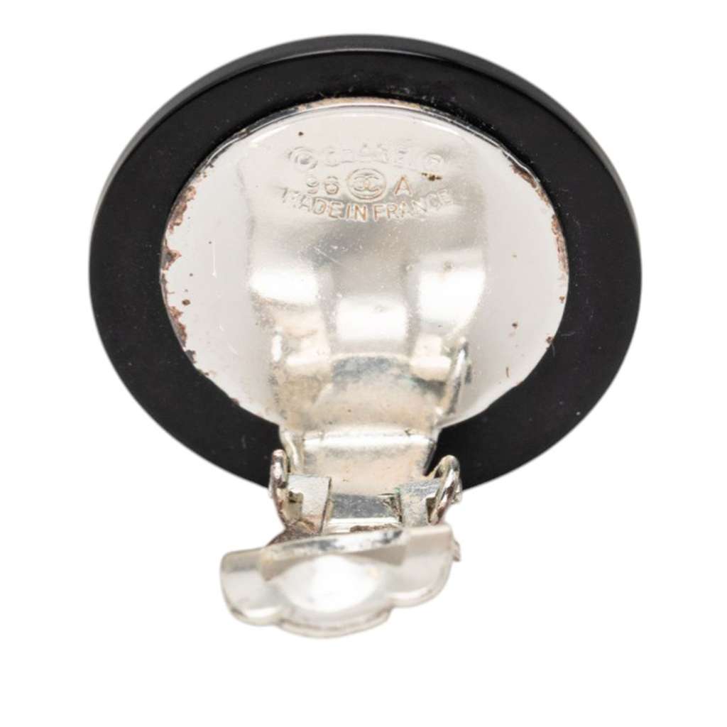 Chanel Resin CC Rhinestones Round Clip On Earrings Black Good condition - Inside View
