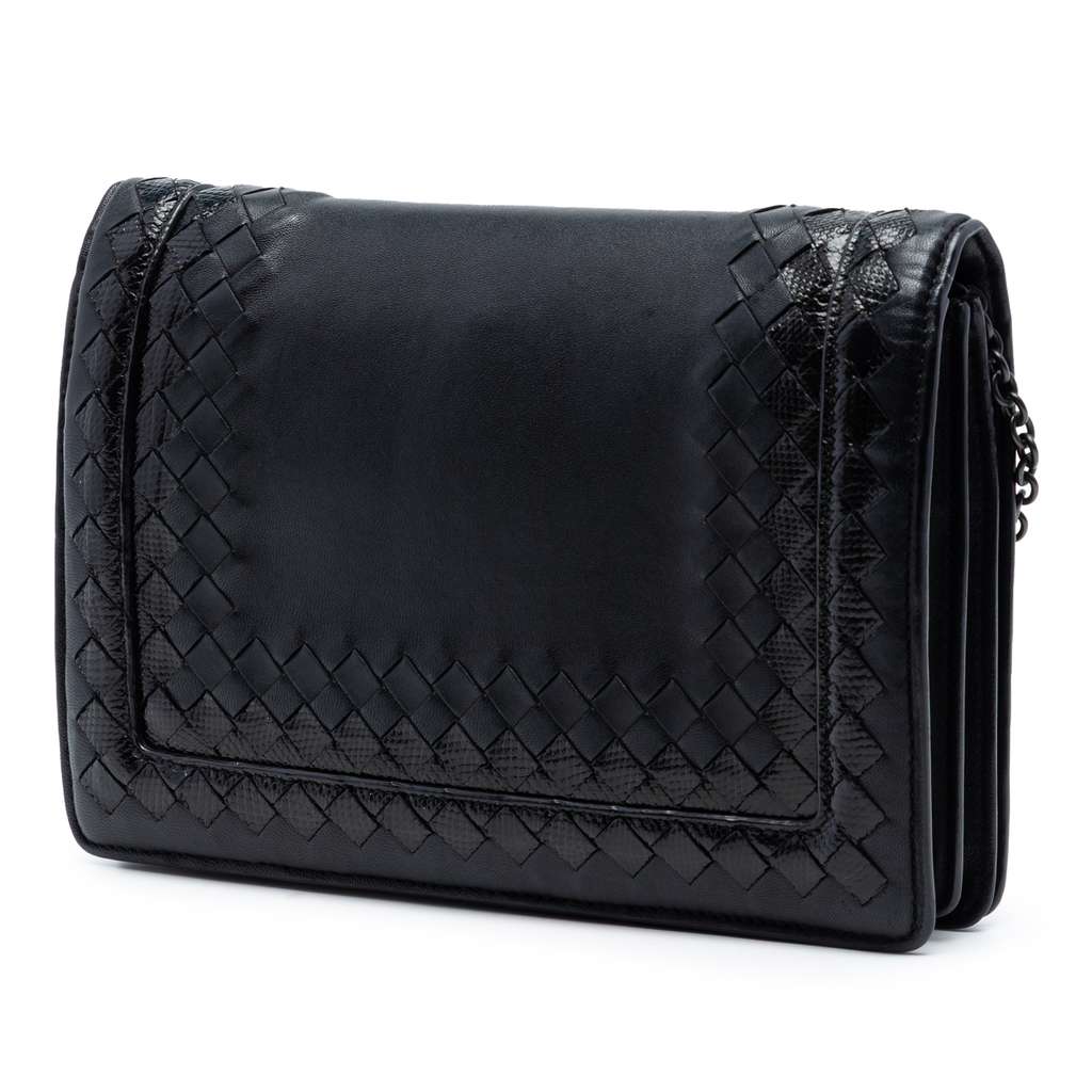 Bottega Veneta Karung Trimmed Nappa Intrecciato Shoulder Bag Black Leather Good condition - Back View