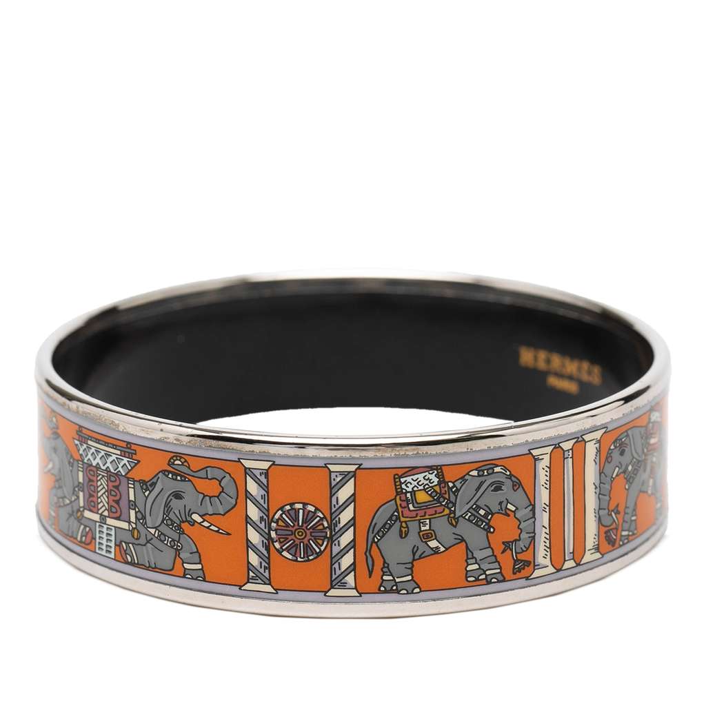 Hermès Wide Torana Elephants Enamel Bangle 65 Orange Good condition - Back View