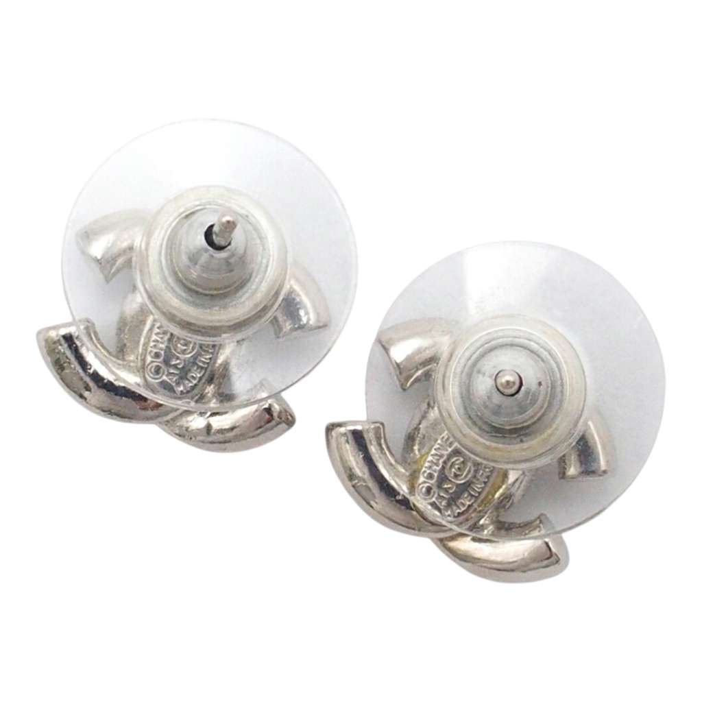 Chanel CC Plated Brass Strass Push Back Earrings Silver Brass Good condition - Back View