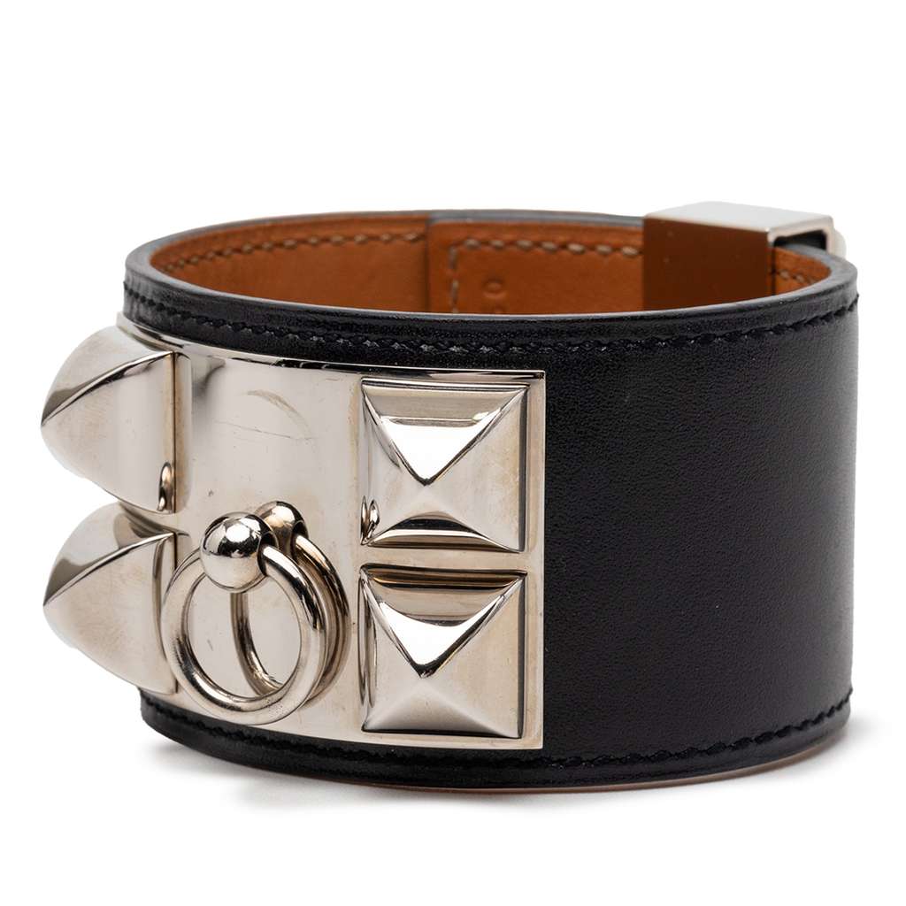 Hermès Swift Leather and Palladium Plated Collier de Chien Bracelet S Black Leather Good condition - Back View