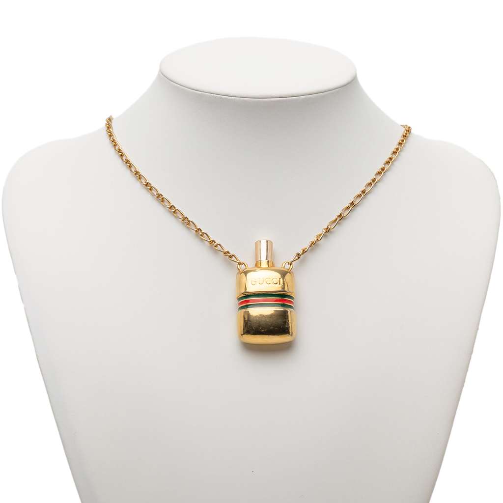 Gucci Gold Plated Perfume Bottle Pendant Necklace Gold Metal Good condition - Box View