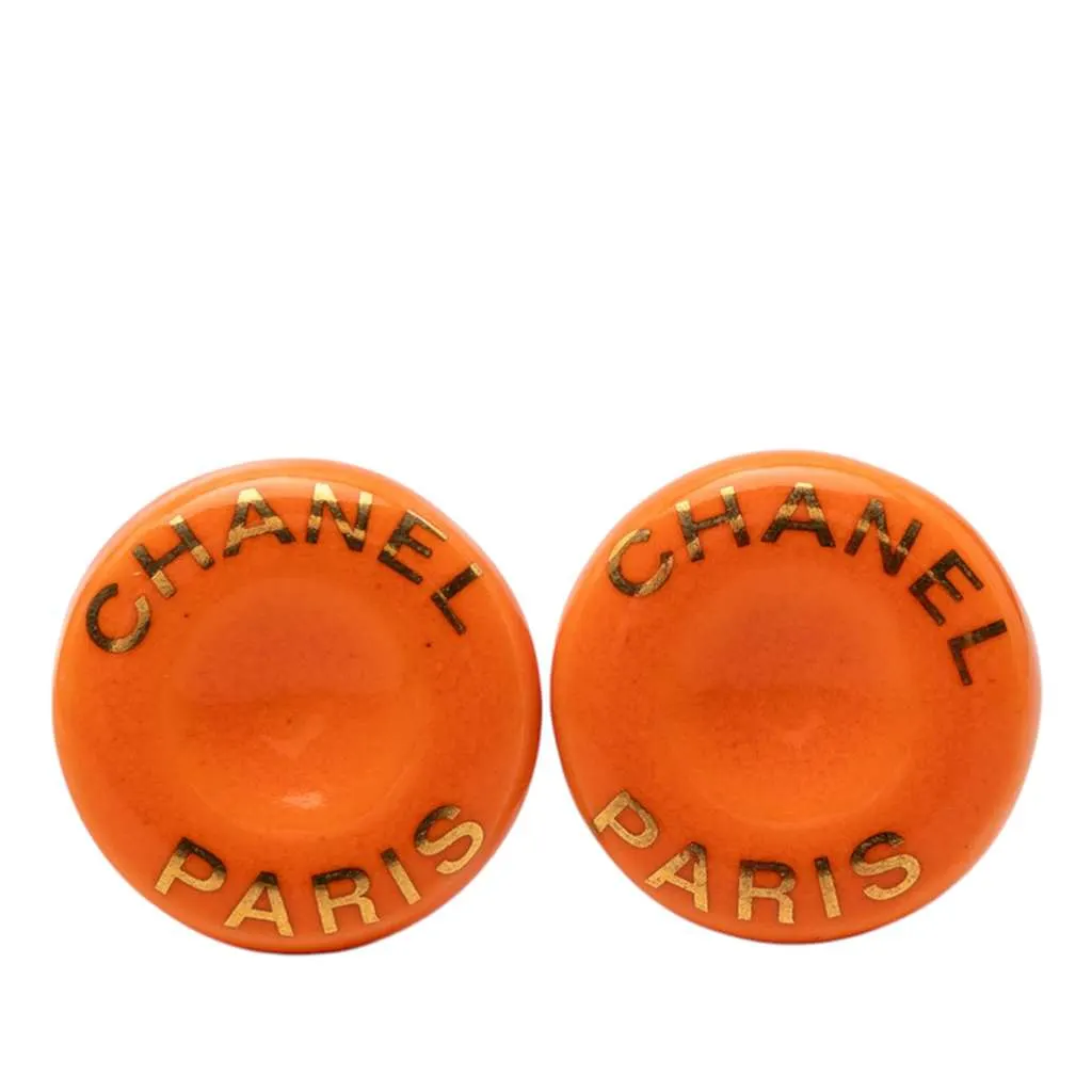 Chanel Resin Logo Round Clip On Earrings Orange Very good - Front View