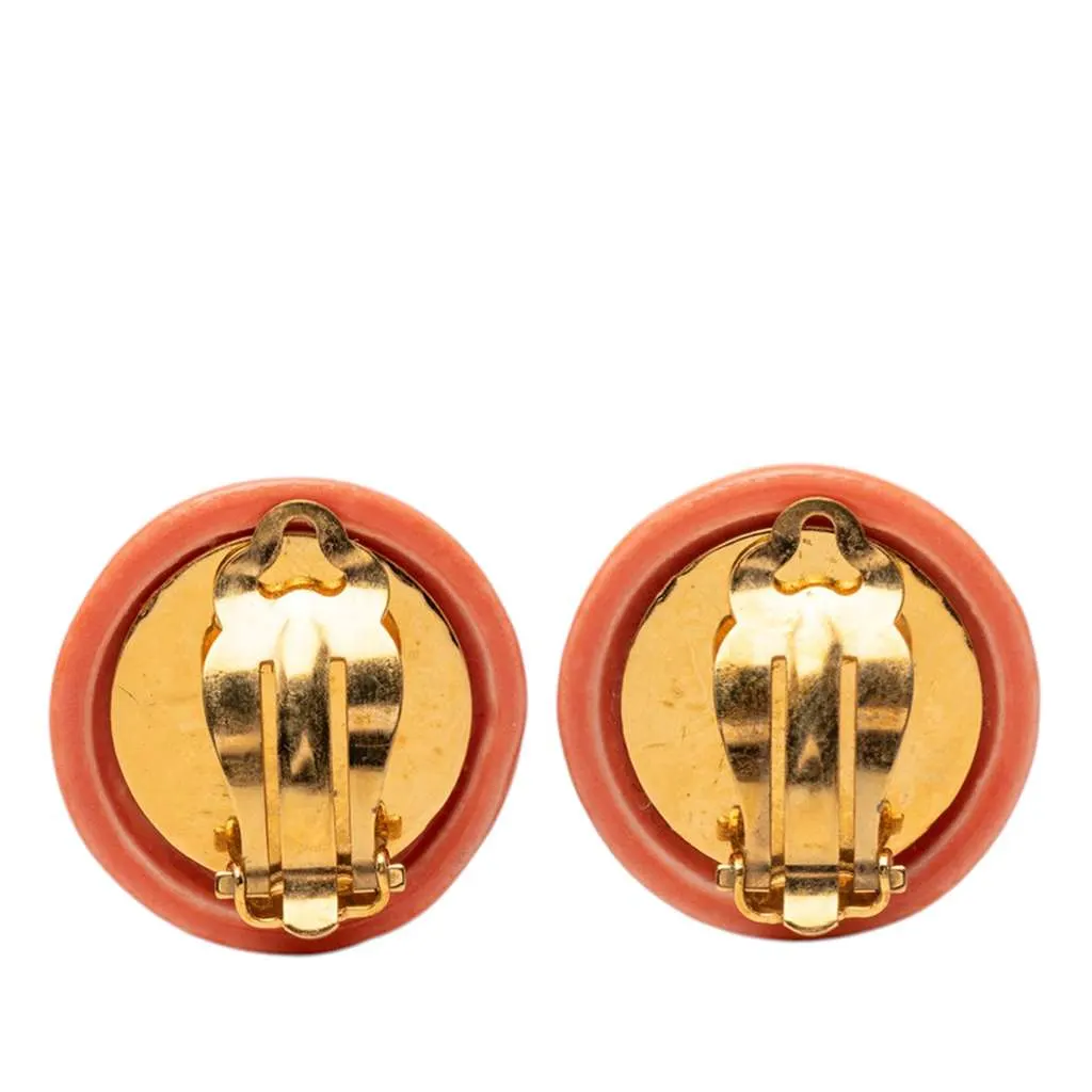 Chanel Resin Logo Round Clip On Earrings Orange Very good - Back View