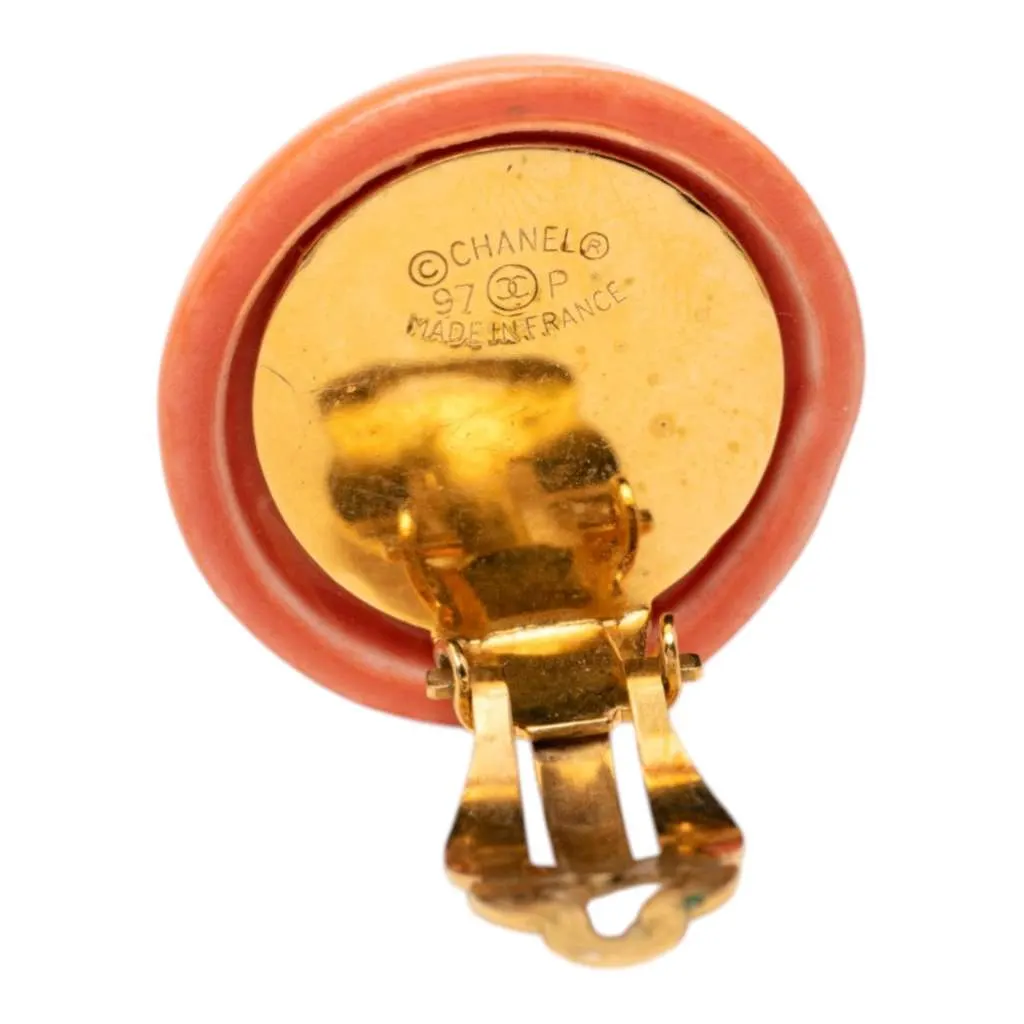Chanel Resin Logo Round Clip On Earrings Orange Very good - Inside View
