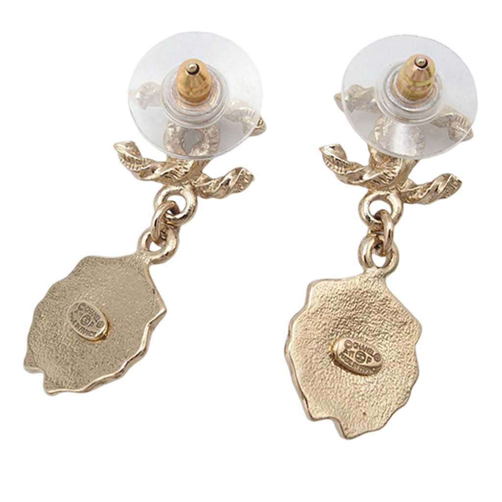 Chanel CC Gold Plated Faux Pearl Lion Head Drop Push Back Earrings Gold Metal Good condition - Back View
