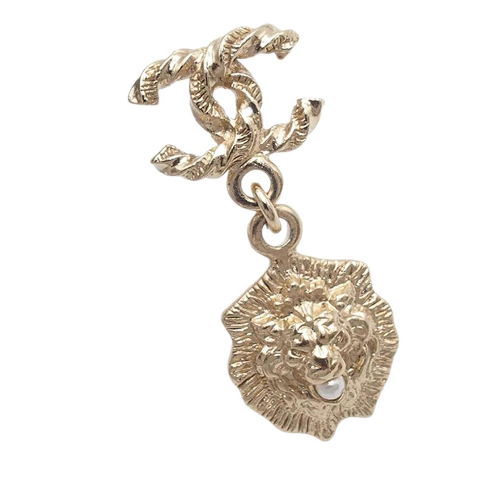 Chanel CC Gold Plated Faux Pearl Lion Head Drop Push Back Earrings Gold Metal Good condition - Inside View