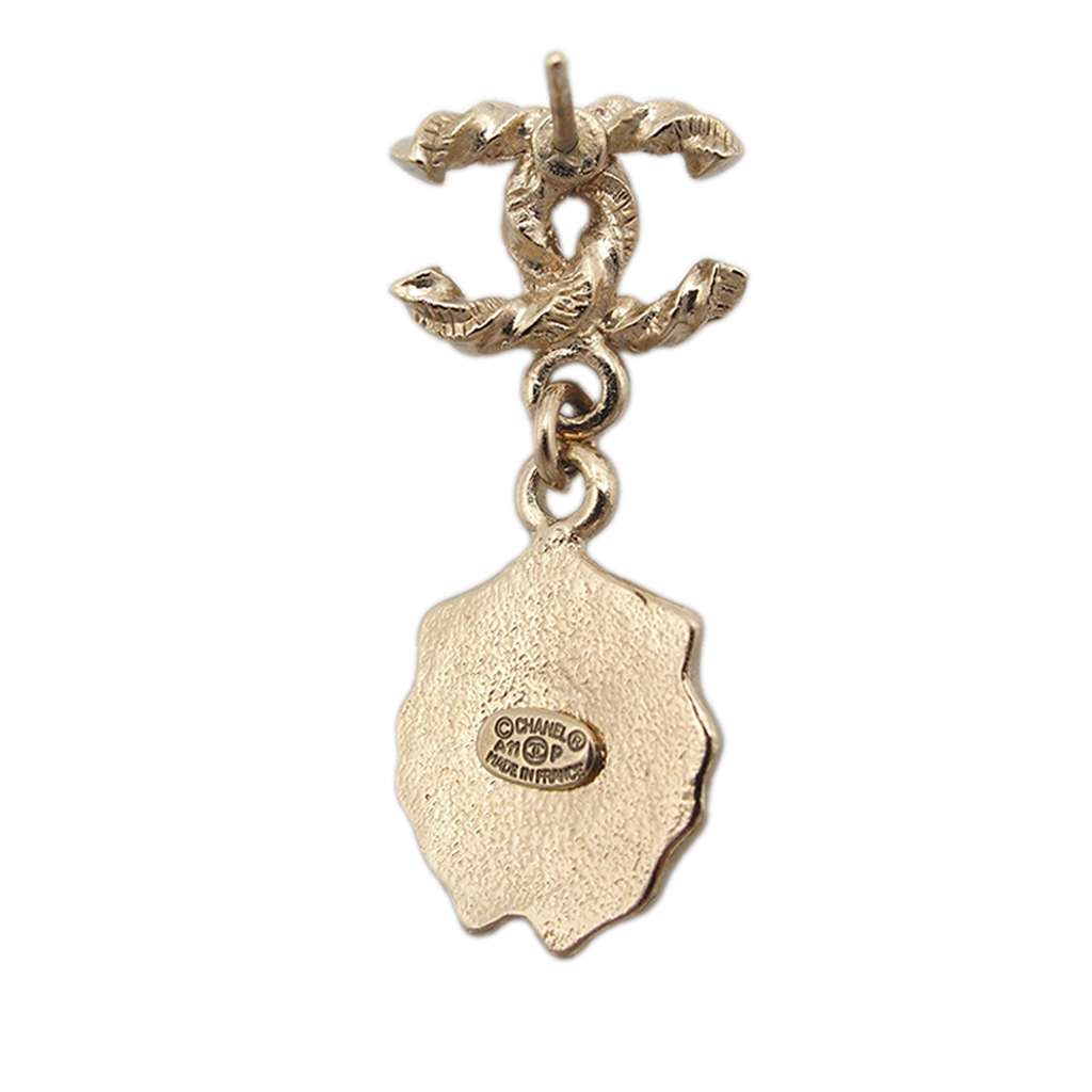 Chanel CC Gold Plated Faux Pearl Lion Head Drop Push Back Earrings Gold Metal Good condition - Box View
