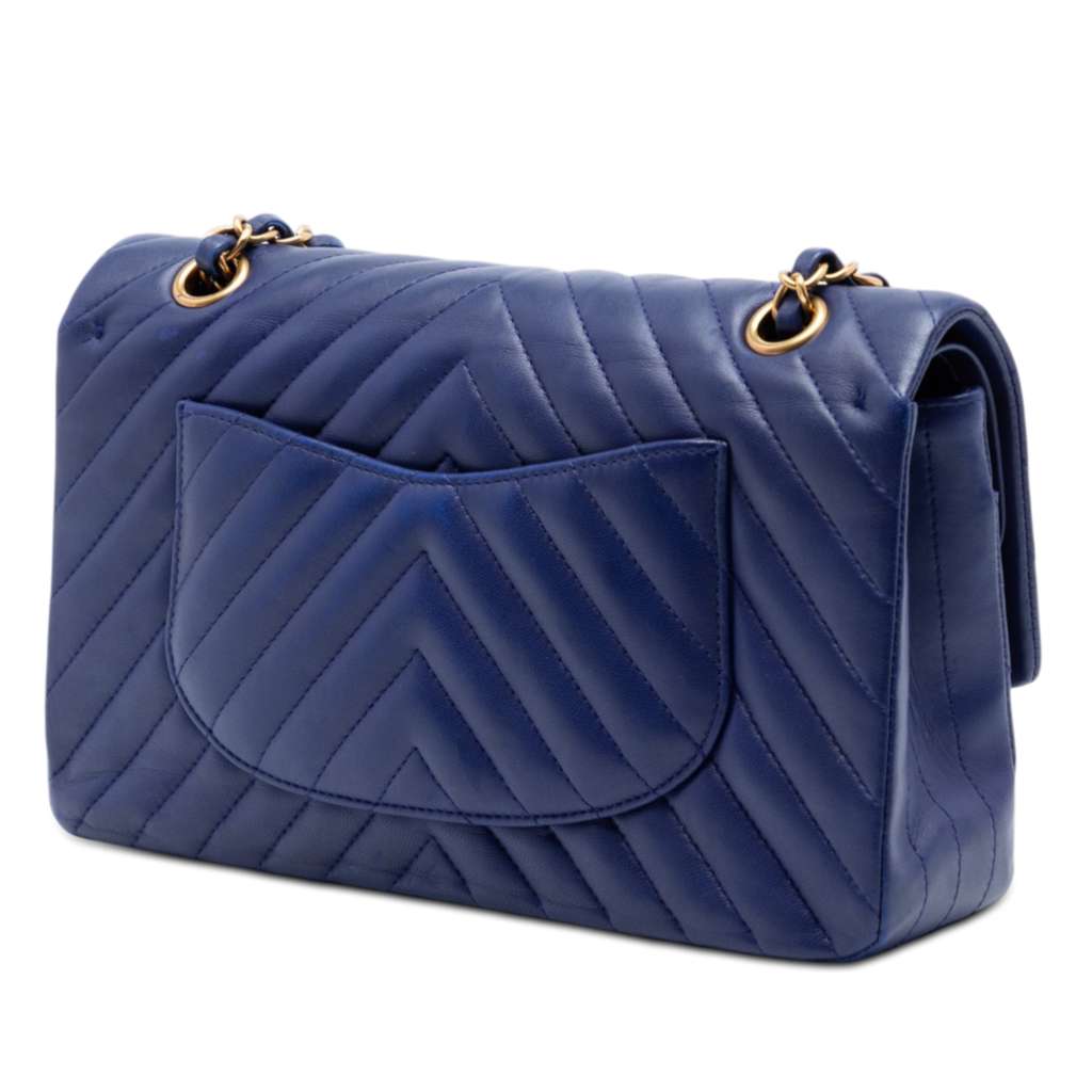 Chanel Medium Classic Chevron Lambskin Double Flap Blue Leather Good condition - Back View