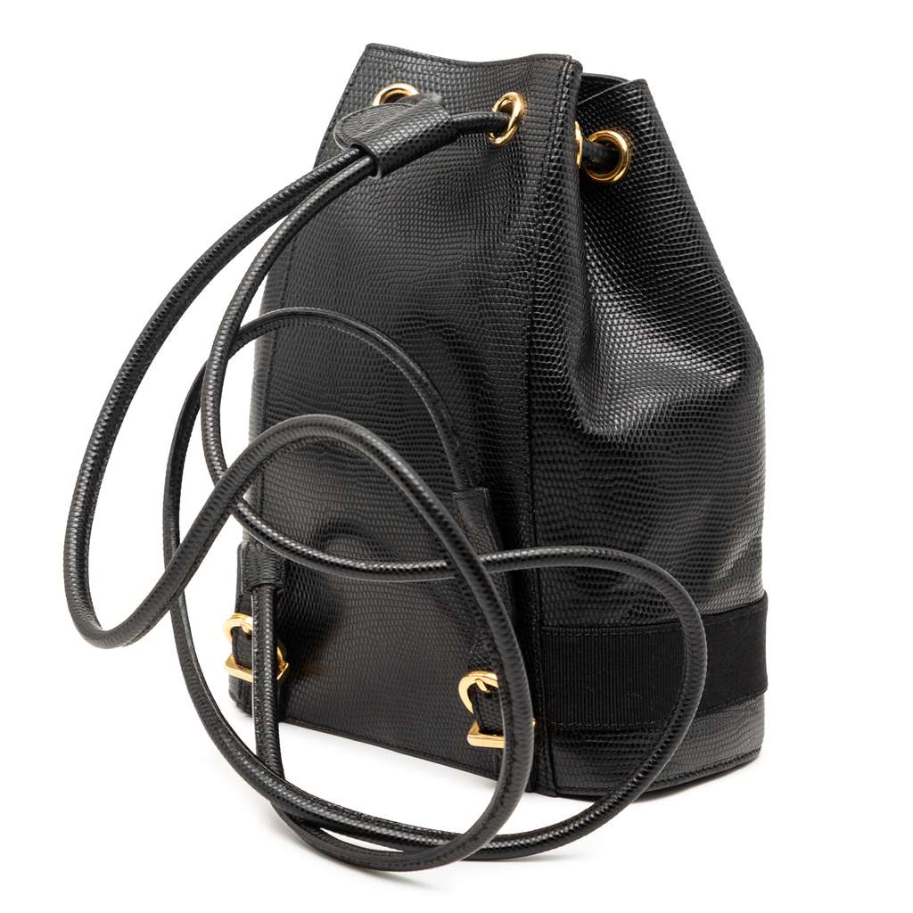 Salvatore Ferragamo Lizard Embossed Leather Vara Bow Drawstring Backpack Black Leather Good condition - Back View