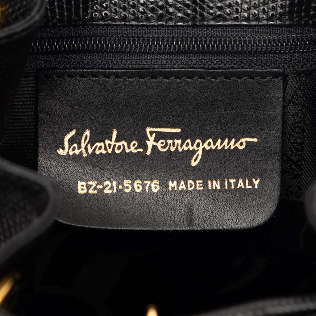 Salvatore Ferragamo Lizard Embossed Leather Vara Bow Drawstring Backpack Black Leather Good condition - Box View