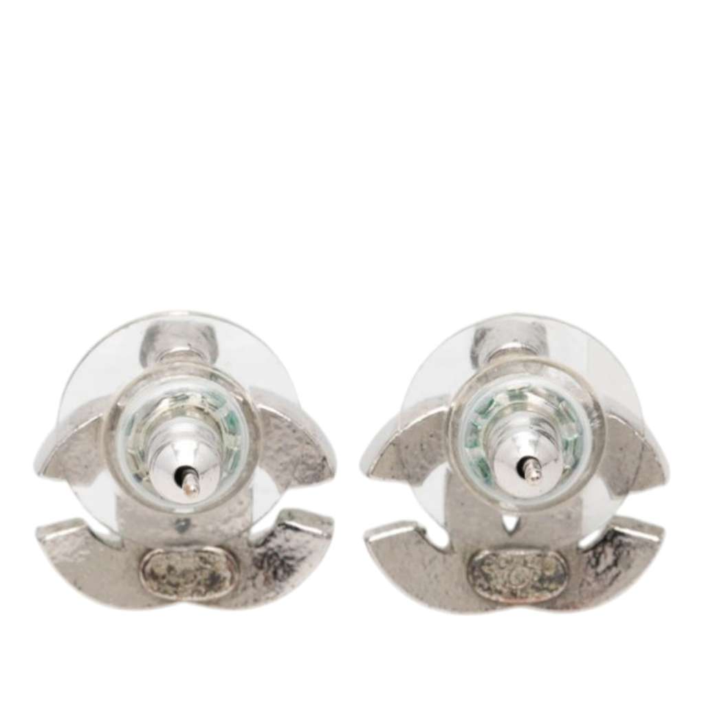 Chanel Silver Plated CC Rhinestone Lacquered Push Back Earrings Silver Good condition - Back View