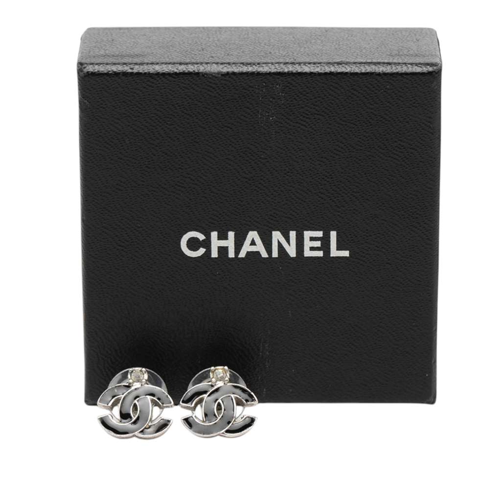 Chanel Silver Plated CC Rhinestone Lacquered Push Back Earrings Silver Good condition - Model View