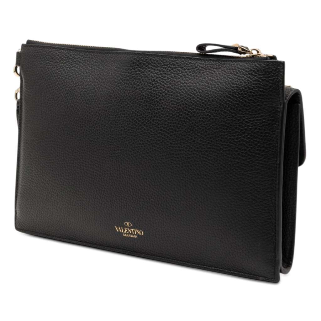 Valentino Grained Calfskin Rockstud Wristlet Clutch Black Leather Good condition - Back View