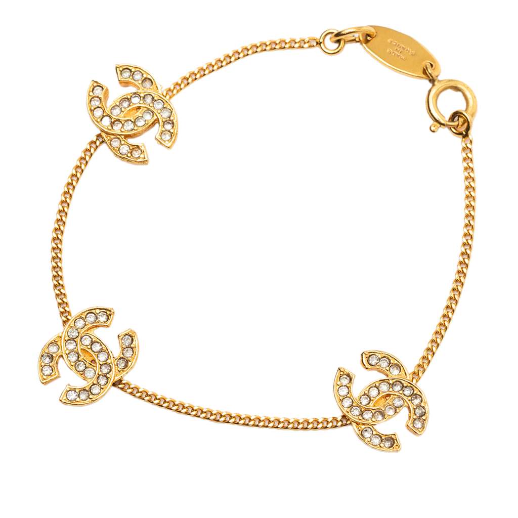 Chanel Gold Plated Rhinestone CC Charm Bracelet Gold Metal Good condition - Back View