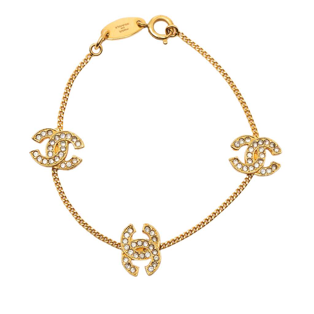Chanel Gold Plated Rhinestone CC Charm Bracelet Gold Metal Good condition - Inside View