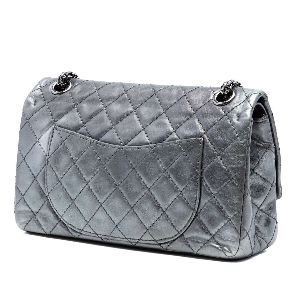 Chanel Quilted Aged Calfskin Reissue 2.55 Double Flap 225 with Pouch Silver Leather Good condition - Back View