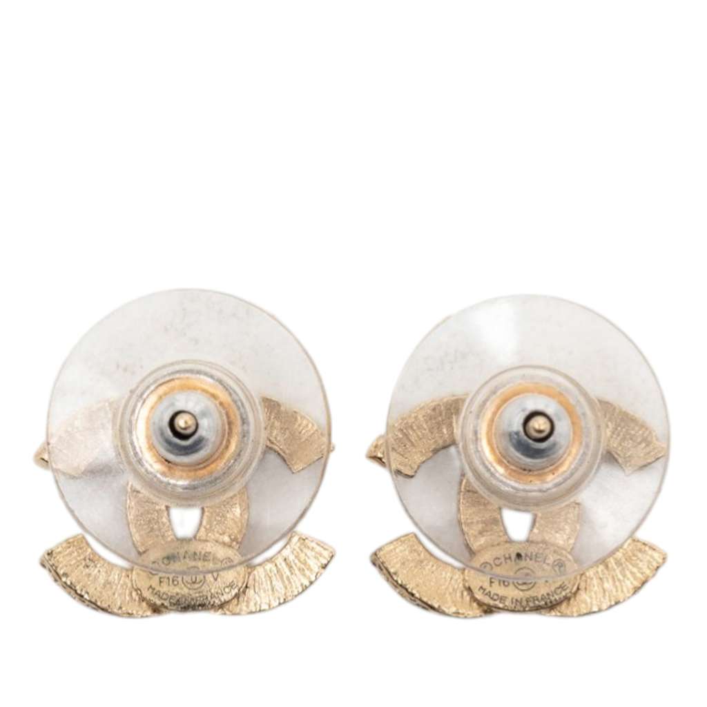 Chanel Gold Plated Rhinestones CC Push Back Earrings Gold Metal Good condition - Back View
