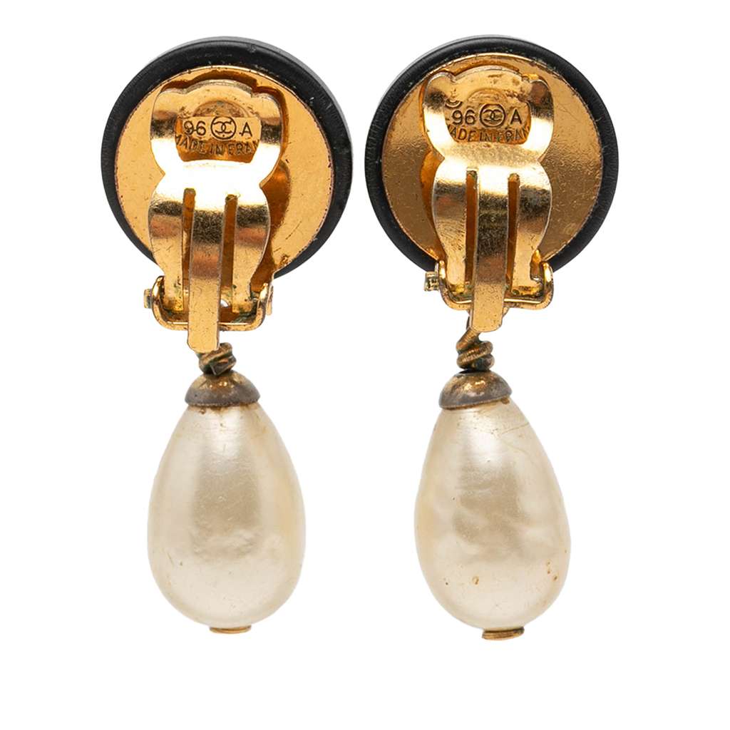 Chanel CC Gold Plated Resin and Faux Pearl Drop Clip On Earrings Gold Metal Good condition - Back View