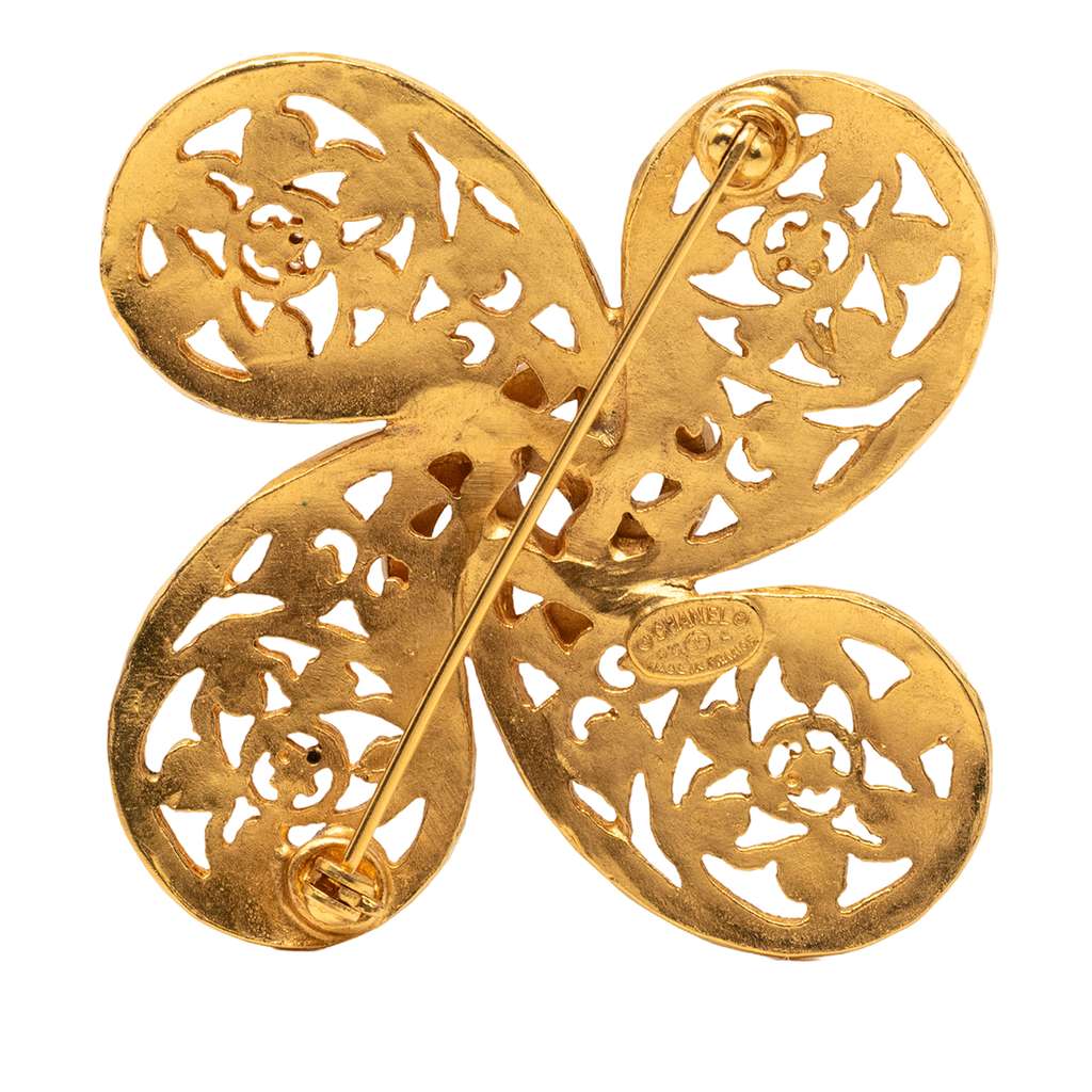 Chanel CC Gold Plated Filigree Flower Brooch Gold Metal Good condition - Back View