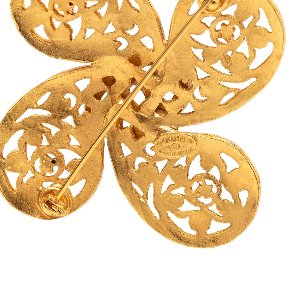 Chanel CC Gold Plated Filigree Flower Brooch Gold Metal Good condition - Inside View