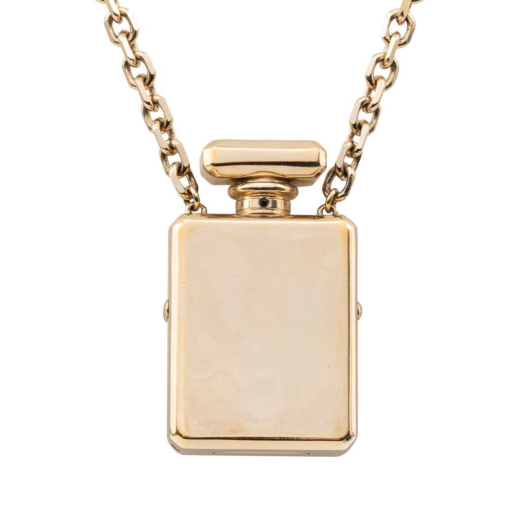 Chanel CC Gold Plated Perfume Bottle Locket Pendant Necklace Gold Metal Good condition - Back View