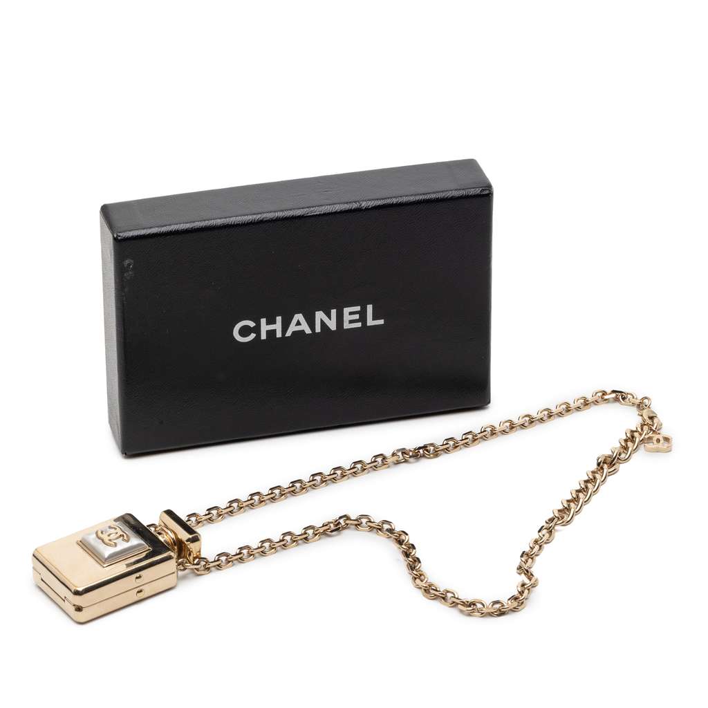 Chanel CC Gold Plated Perfume Bottle Locket Pendant Necklace Gold Metal Good condition - Box View