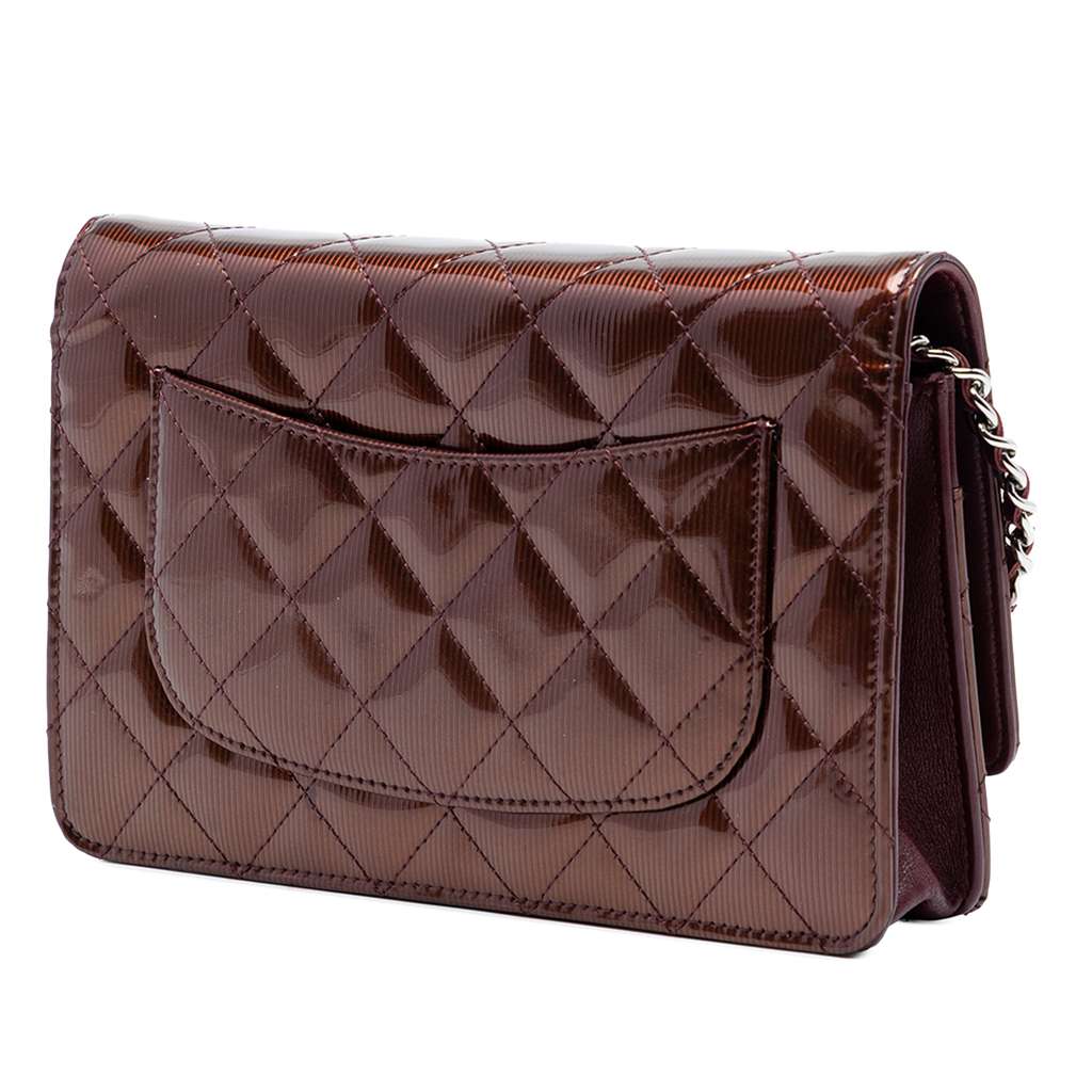 Chanel CC Quilted Striated Metallic Patent Wallet on Chain Red Leather Good condition - Back View