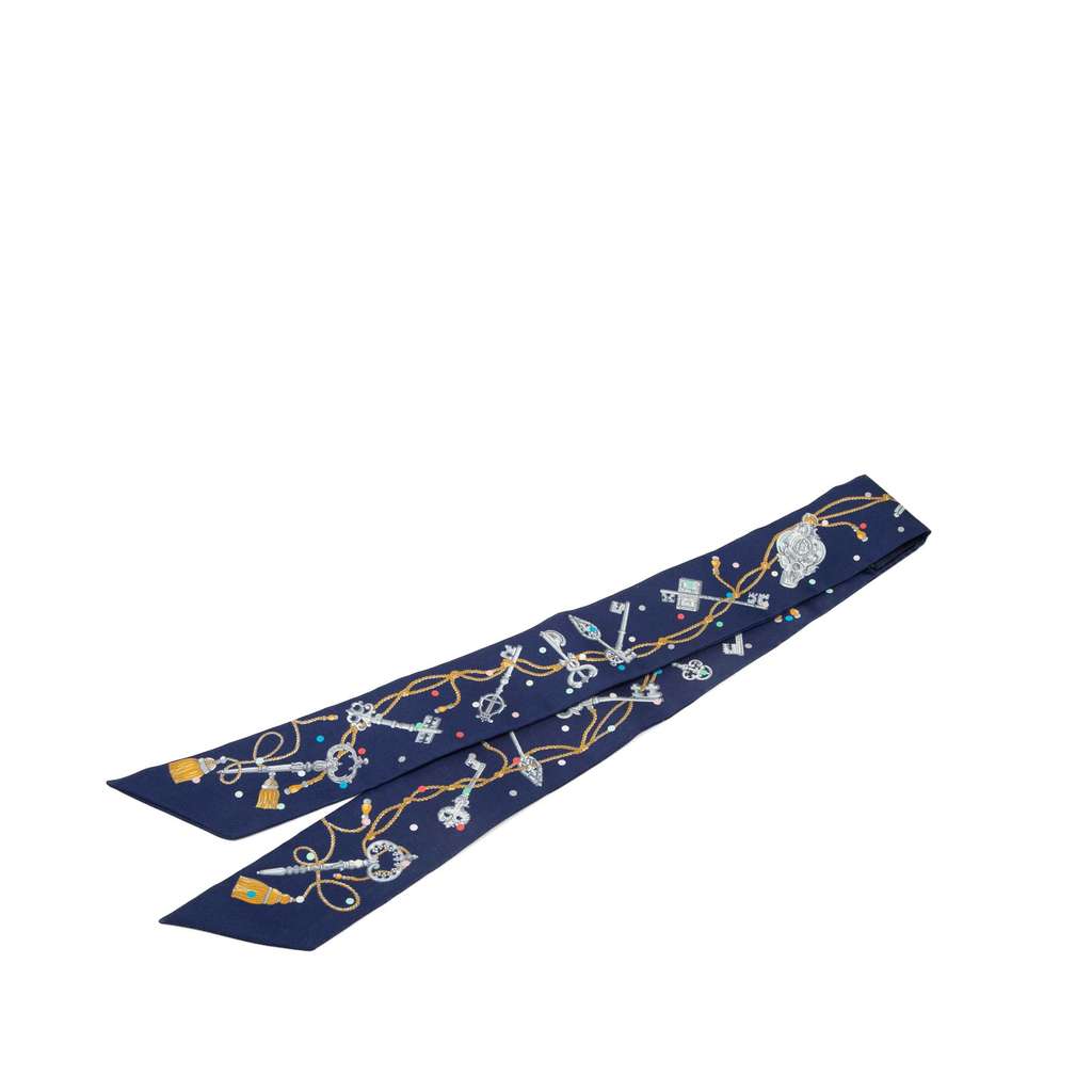 Hermès Les Cles a Pois Silk Twilly Scarf Blue Silk Good condition - Back View