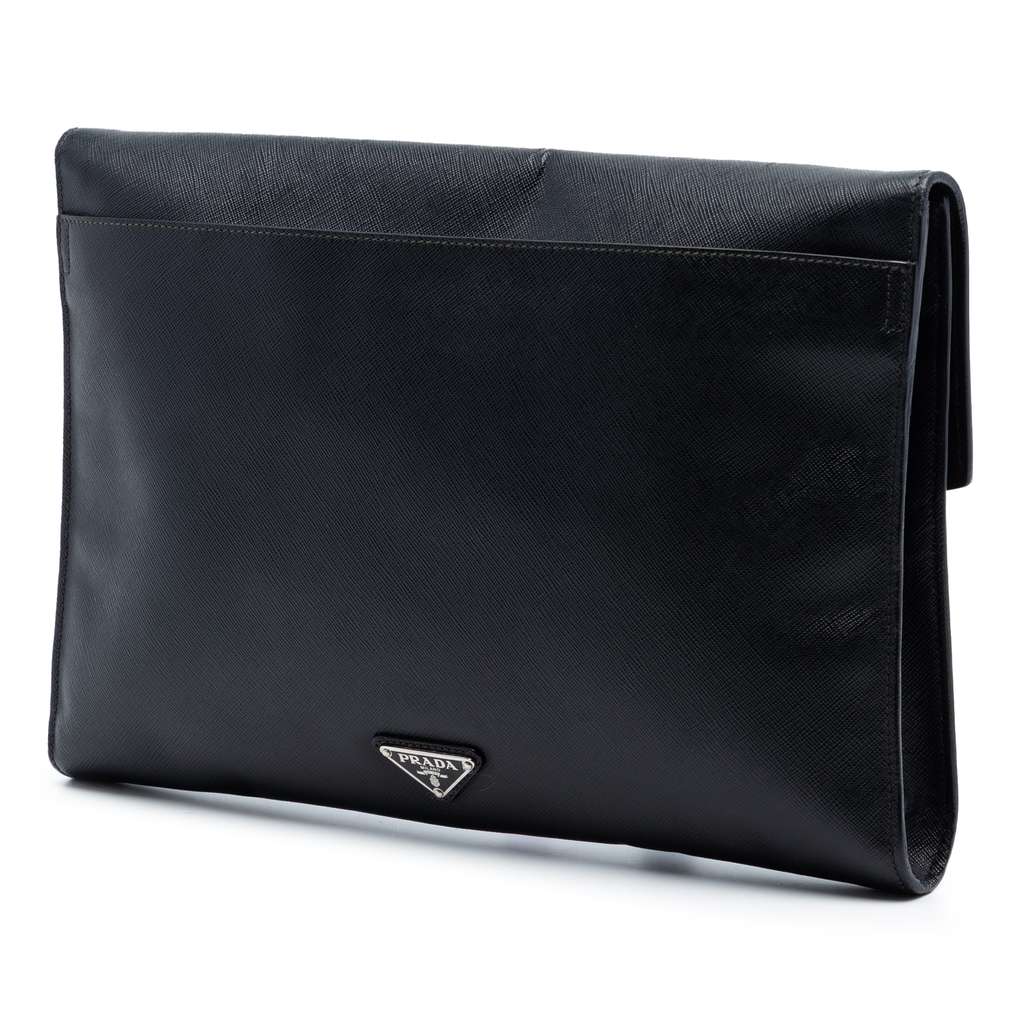 Prada Large Saffiano Envelope Pushlock Clutch Black Leather Good condition - Back View